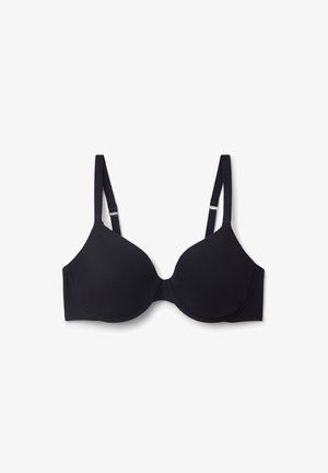 Zwarte bh met gladde, gevormde cups en verstelbare bandjes. Heeft een naadloos ontwerp en minimale stiksels voor een strakke uitstraling.