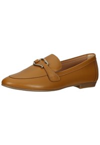 Hellbraune Lederloafers mit runder Zehenpartie, ausgestattet mit einem dekorativen Riemen und einer silbernen Schnalle. Flache Sohle mit dezenten Nähdetails.