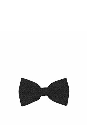 Black textured fabric bow tie with symmetrical shape on white background.