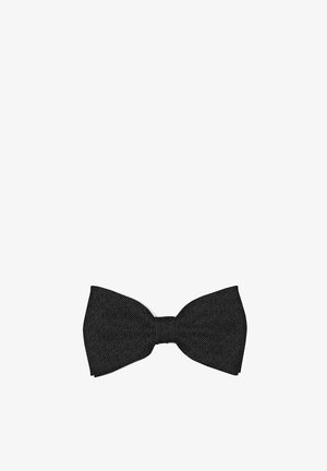 Black textured fabric bow tie with symmetrical shape on white background.
