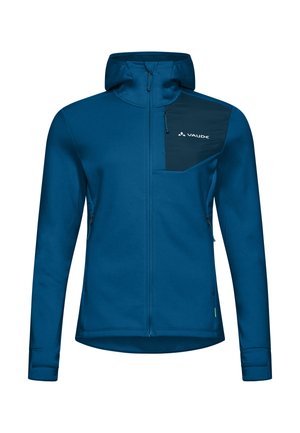 Blauwe sportjack met rits, capuchon en een borstzak. Heeft een donkerblauw accentpaneel en elastische boorden. Zachte textuur.