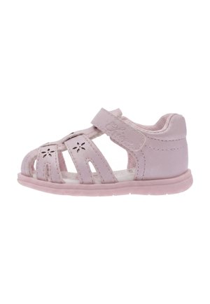 Sandalo rosa chiaro per bambino con tallone chiuso, cinturino in velcro e dettagli floreali traforati sulle fasce anteriori.
