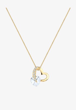 Goldene Halskette mit miteinander verwobenen Herzanhängern; einer aus poliertem Metall und der andere aus facettiertem Kristall, akzentuiert mit kleinen klaren Steinen.