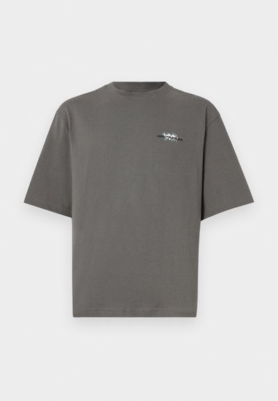 Grå bomulds T-shirt med løs pasform, korte ærmer og rund halsudskæring. Har et lille, multifarvet grafik på brystet.