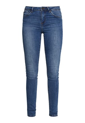 Jeans ajustados de denim azul oscuro, con una cintura alta, cinco bolsillos y cierre de cremallera, con un ligero desvanecimiento en los muslos y puños.