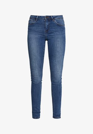 Šauri džinsi tumši zils denims, ar augstu jostasvietu, piecām kabatām un rāvējslēdzēju, ar vieglu izbalējumu uz augšstilbiem un piedurknēm.