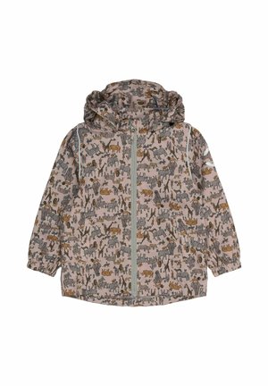 Könnyű kapucnis dzseki, rózsaszín alapon változatos szürke és barna állatmintával, rugalmas mandzsettákkal és elején cipzárral.