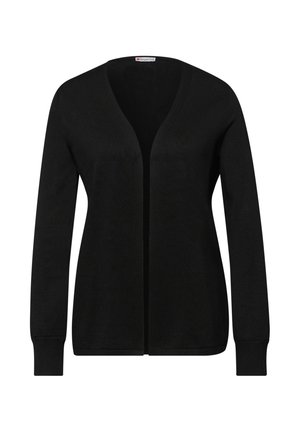 Czarny, długi sweter rozpinany z długim rękawem, z prążkowanymi mankietami i dekoltem w kształcie litery V, przedstawiony na jednolitym białym tle.