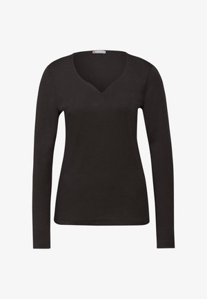 Schwarzes Langarmoberteil mit V-Ausschnitt-Design. Hergestellt aus einem glatten, strukturierten Stoff. Verfügt über eine schmale Silhouette und einen sauberen Saum.