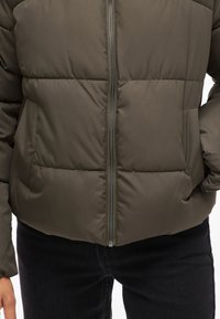 Giacca imbottita marrone con chiusura a zip frontale, caratterizzata da sezioni trapuntate e una texture liscia. Indossata sopra pantaloni neri, mostrando una silhouette aderente.