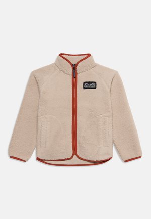 Beige fleece jacket with orange zipper and trim, two front pockets, and a Didriksons logo patch on the chest.