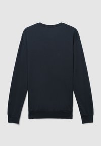 Felpa navy a maniche lunghe con collo a girocollo, polsini e orlo a costine, caratterizzata da una texture liscia e senza marchi visibili.