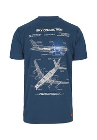 Navyblaues T-Shirt mit weißem schematischem Flugzeug-Blueprint-Design auf der Rückseite. Der Text enthält "SKY COLLECTION" und technische Details.