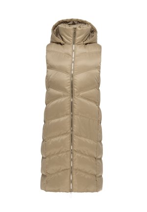 Gilet imbottito lungo beige con cappuccio e cerniera frontale, caratterizzato da cuciture diagonali trapuntate e collo alto per il calore.