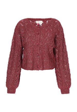 Cardigan corto lavorato a maglia color bordeaux con un tessuto a trama aperta, maniche lunghe e cinque bottoni frontali.
