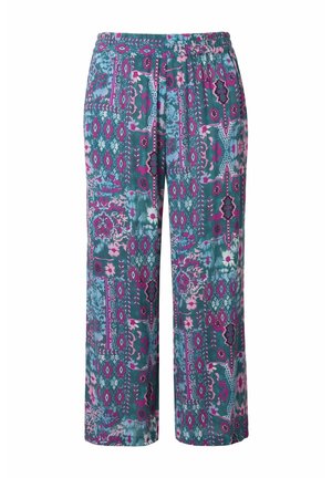 Luftige, gemusterte Hosen mit Türkis-, Pink- und lila Farbtönen; elastischer Bund mit Kordelzug; florale und geometrische Drucke.