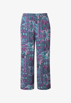 Pantalons amples à motifs, présentant des teintes turquoise, rose et violet ; taille élastique avec cordon de serrage ; impressions florales et géométriques.