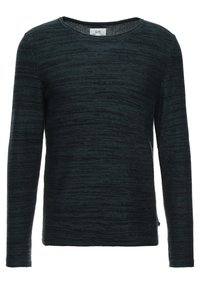 Mörkgrön långärmad tröja med rund halsringning. Texturerad stickad tyg med subtilt randmönster och detaljer med sidoklyvningar.