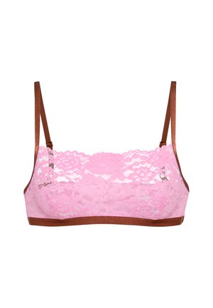 Δαντελένιο μπραλέτες σε ανοιχτό ροζ με ανθισμένο μοτίβο. Διαθέτει καφέ μεταλλικούς ιμάντες, μαλακή υφή και απλό, χωρίς επένδυση σχέδιο.