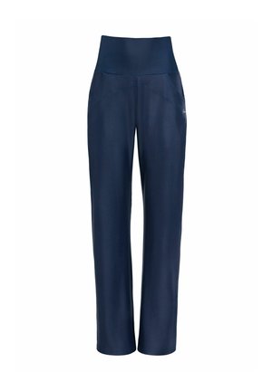 Marineblaue Weite-Hosen mit hohem Bund, glatter Textur, Seitentaschen und dezenten Nahtdetails. Hergestellt aus dehnbarem, leichtem Stoff.