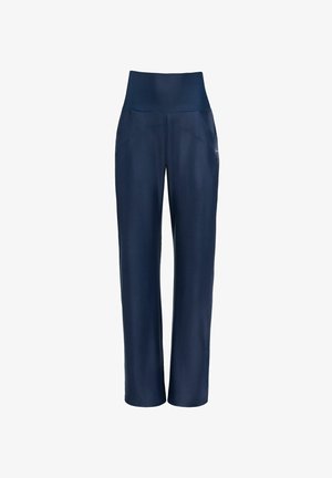 Marineblaue Weite-Hosen mit hohem Bund, glatter Textur, Seitentaschen und dezenten Nahtdetails. Hergestellt aus dehnbarem, leichtem Stoff.