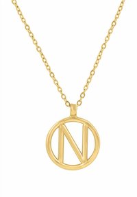 Gyldt halskæde med en oval vedhæng, der har et udskåret bogstav "N". Kæden består af sammenkædede, runde led, hvilket giver et delikat udseende.