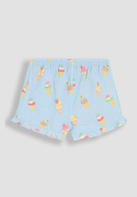 Lichtblauwe shorts van een gestructureerde stof, met een kleurrijk patroon van ijsjes, voorzien van een rimpelend zoomdetail.
