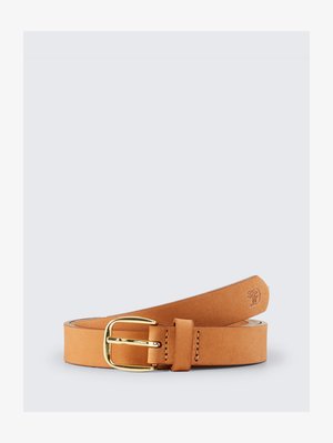 Curea din piele bronz cu o cataramă aurie strălucitoare, având linii clare, o textură netedă și un design minimalist; logo marcat la capăt.