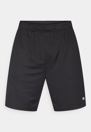 Pantaloncini da atletica neri con cintura elastica, texture liscia, lunghezza sopra il ginocchio, con un piccolo logo sull'orlo inferiore sinistro.