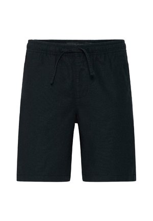 Shorts noirs décontractés avec une taille élastique et un cordon de serrage, longueur genou, fabriqués en tissu doux.