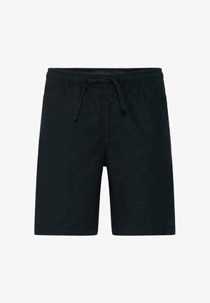 Shorts noirs décontractés avec une taille élastique et un cordon de serrage, longueur genou, fabriqués en tissu doux.