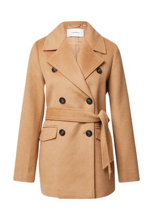 Beige wool blend coat with a double-breasted design, large lapels, black buttons, side pockets, and a matching waist tie.