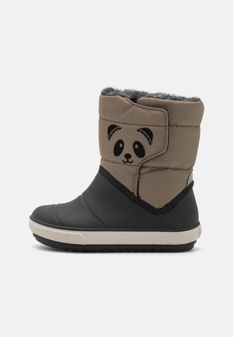 Brown waterproof boots with a panda face design, soft gray lining, black rubber sole, and adjustable strap for secure fit.
