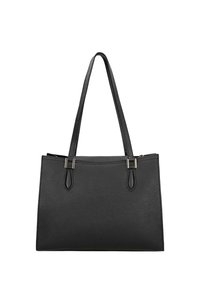 Zwarte leren tote bag met een textuur oppervlakte, dubbele handgrepen en metalen hardware accenten. Ritsluiting aan de bovenkant voor veilige toegang.