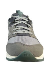 Szare sneakersy z siateczkowym i zamszowym wierzchem, sznurówki w wzór zygzaka oraz zielony akcent na podeszwie z napisem "est. 1981".