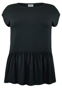 Černý krátký rukáv top s kulatým výstřihem a nařaseným peplum lemem, vyrobený z měkkého, lehkého materiálu.
