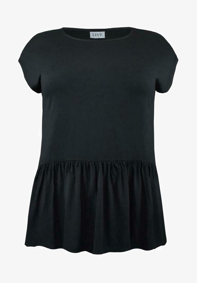 Black short-sleeve top with a round neckline and a gathered peplum hem, made from soft, lightweight material.