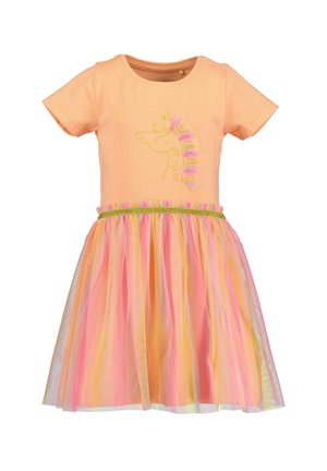 Robe en coton pêche avec broderie de licorne, manches courtes et jupe en tulle multicolore avec des rayures rose, jaune et lavande.