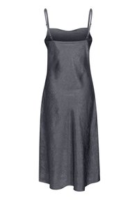 Rochie fără mâneci, de culoare gri închis, cu o textură netedă și ușor șifonată. Siluetă în formă de A, cu bretele ajustabile și un design de lungime medie.