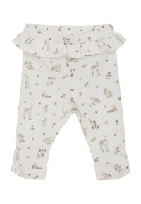 Weiße Leggings mit einem gerafften Bund, versehen mit einem braunen Blumen- und Tierdruck von Rehen und Kaninchen, aus weichem Baumwollstoff hergestellt.