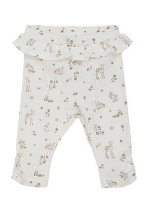 Weiße Leggings mit einem gerafften Bund, versehen mit einem braunen Blumen- und Tierdruck von Rehen und Kaninchen, aus weichem Baumwollstoff hergestellt.