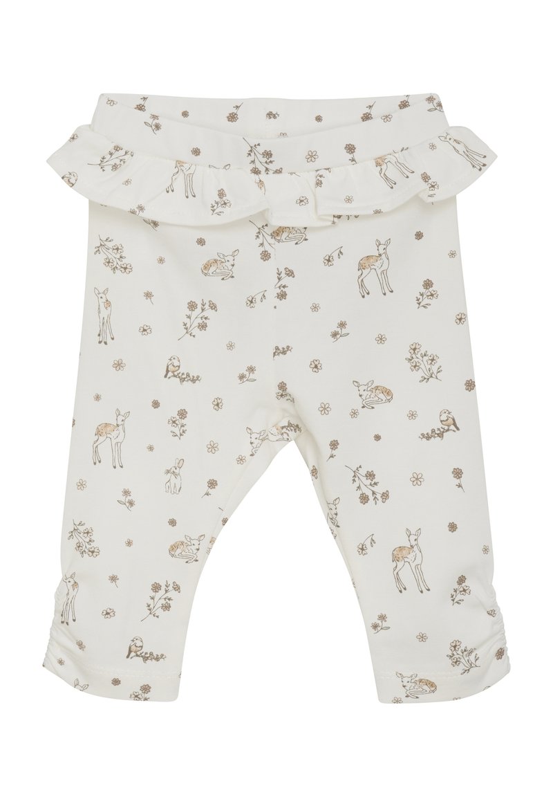 Weiße Leggings mit einem gerafften Bund, versehen mit einem braunen Blumen- und Tierdruck von Rehen und Kaninchen, aus weichem Baumwollstoff hergestellt.