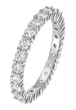 Silberner Eternity-Ring mit rund geschliffenen, klaren Edelsteinen rund um den äußeren Rand in Krappenfassungen.