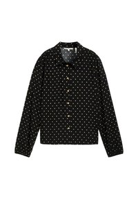 Camisa negra de botones con mangas largas, que presenta un estampado de lunares en color crema. Tejido suave y texturizado, con un cuello clásico y hombros fruncidos.