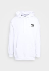 Felpa con cappuccio bianca con tasca a marsupio frontale e piccolo motivo a occhio nero sul petto sinistro. Tessuto morbido con polsini e orlo a costine.