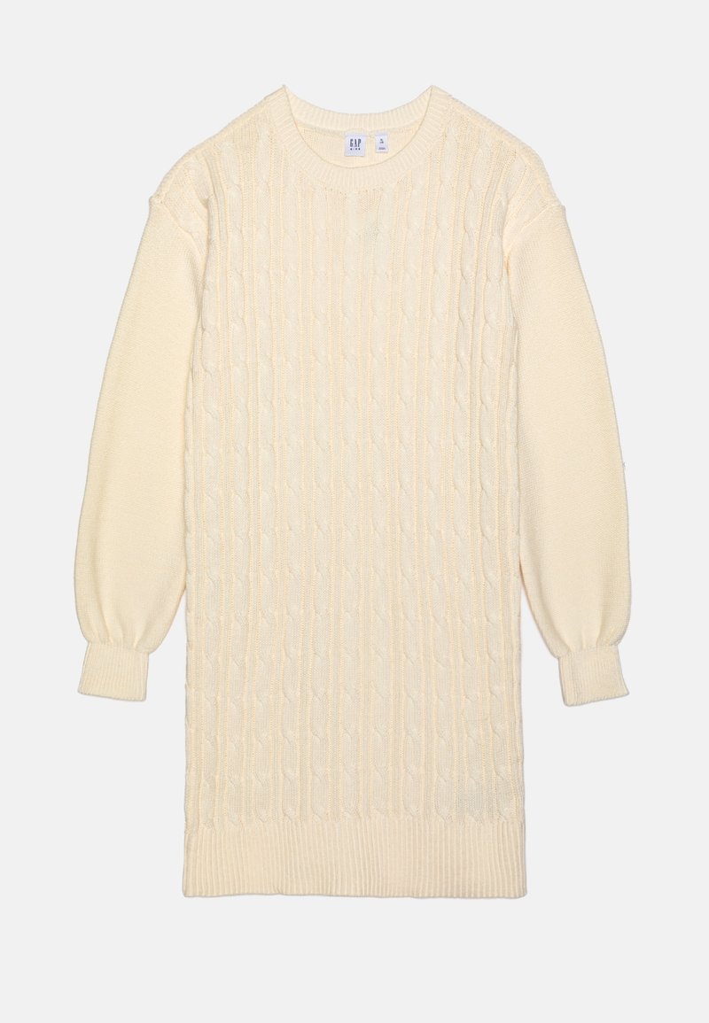 Robe-pull en maille de couleur crème avec manches longues, col rond et motif torsadé sur le devant.