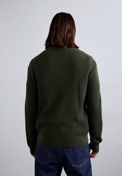 Cilvēks ar vidēju garumu brūniem matiem, tērpies tumši zaļā ribotu džemperī un zilos džinsos, stāv ar muguru pret vienkāršu pelēku fonu.