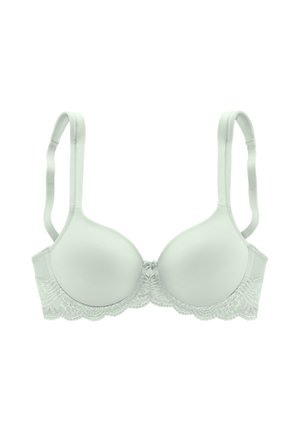 White padded bra with adjustable straps and lace trim at the bottom edges and a small bow in the center front.