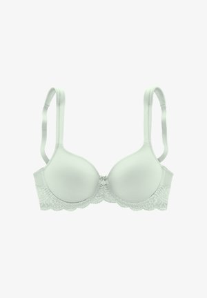 White padded bra with adjustable straps and lace trim at the bottom edges and a small bow in the center front.