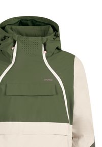 Groene en witte pullover jack met capuchon, voorzien van een voorzak, geperforeerde ventilatie en een logo op de borst.